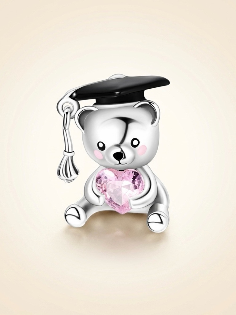 S925 Silver Graduation Teddy Bear Charm Pink Heart CZ Pandora Fit Grad Gift